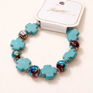 Turquoise Cross Beaded Stretch Bracelet with Multicolor Glass Beads